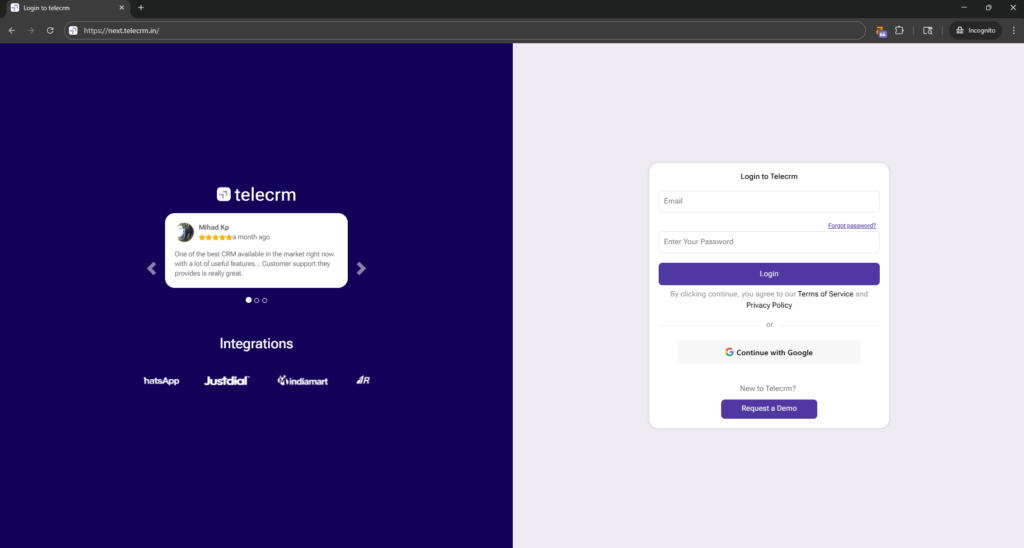 telecrm app login screenshot