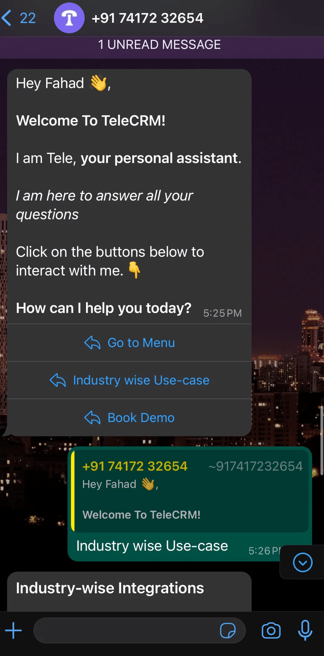 TeleCRM's Whatsapp Chatbot comes with customisable buttons