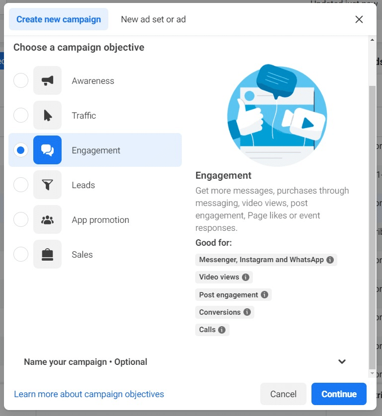 Select engagement as the objective of the ad campaign.