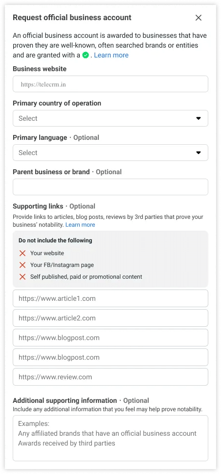 COmplete application form for WhatsApp green tick verification with all the requirements tabs to fulfill.