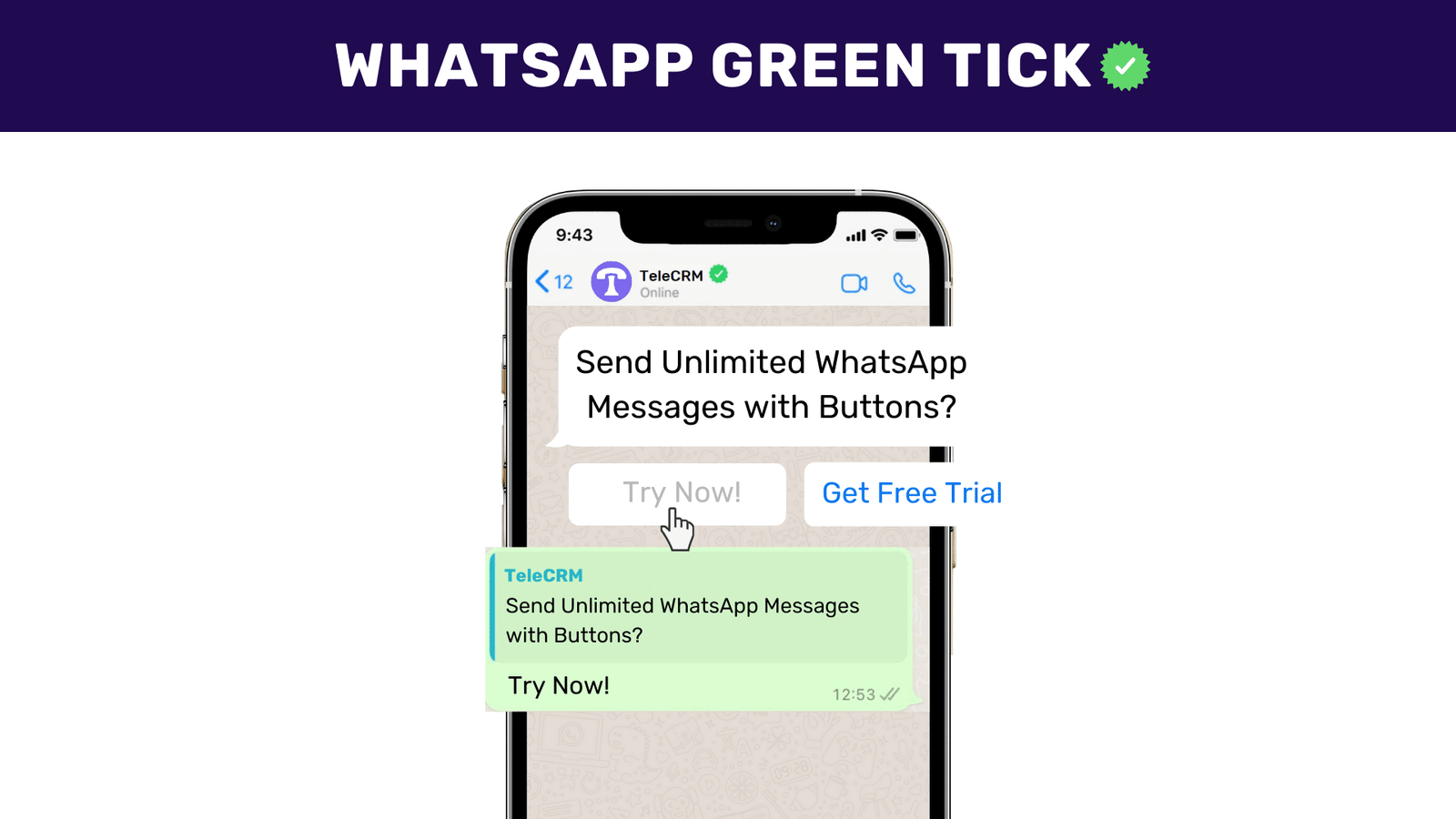WhatsApp Green Tick verified account of telecrm sending messages with button to fresh leads