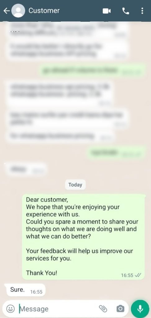 Customer feedback on WhatsApp