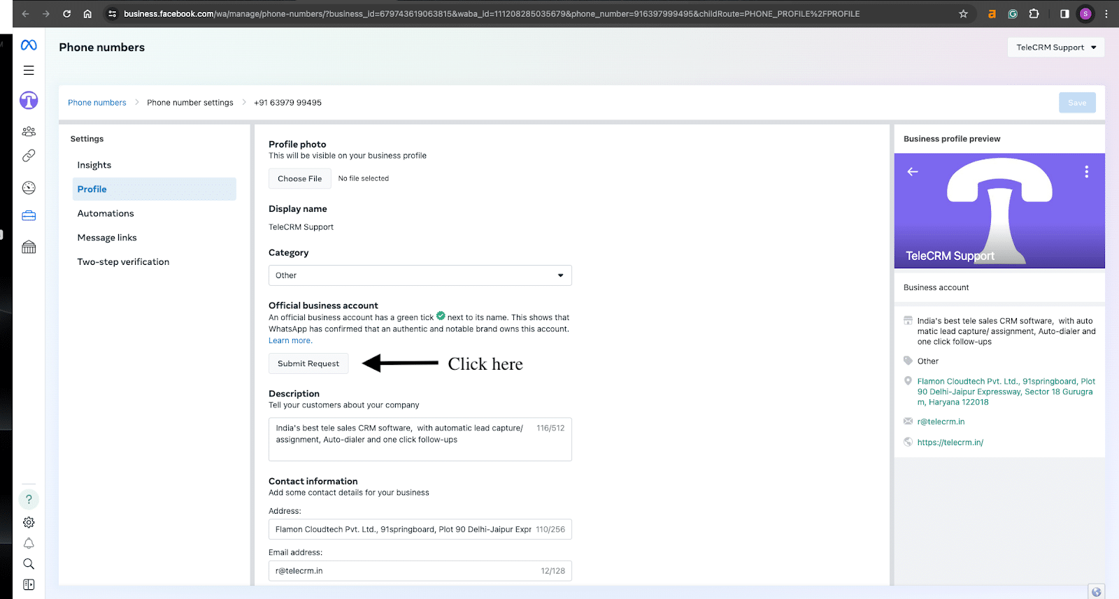 Click on submit request in phone numbers tab