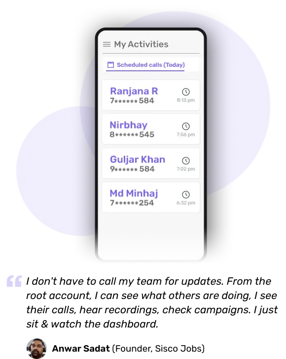 With Telecrm, your team can call leads, update follow-ups, send messages and even receive new lead alerts — all on the go