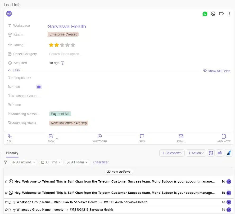 With Telecrm, every call and WhatsApp message is automatically tracked. You can see the full history of conversations under each lead