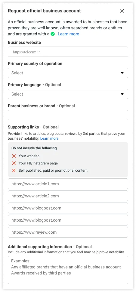 COmplete application form for WhatsApp blue tick verification with all the requirements tabs to fulfill.
