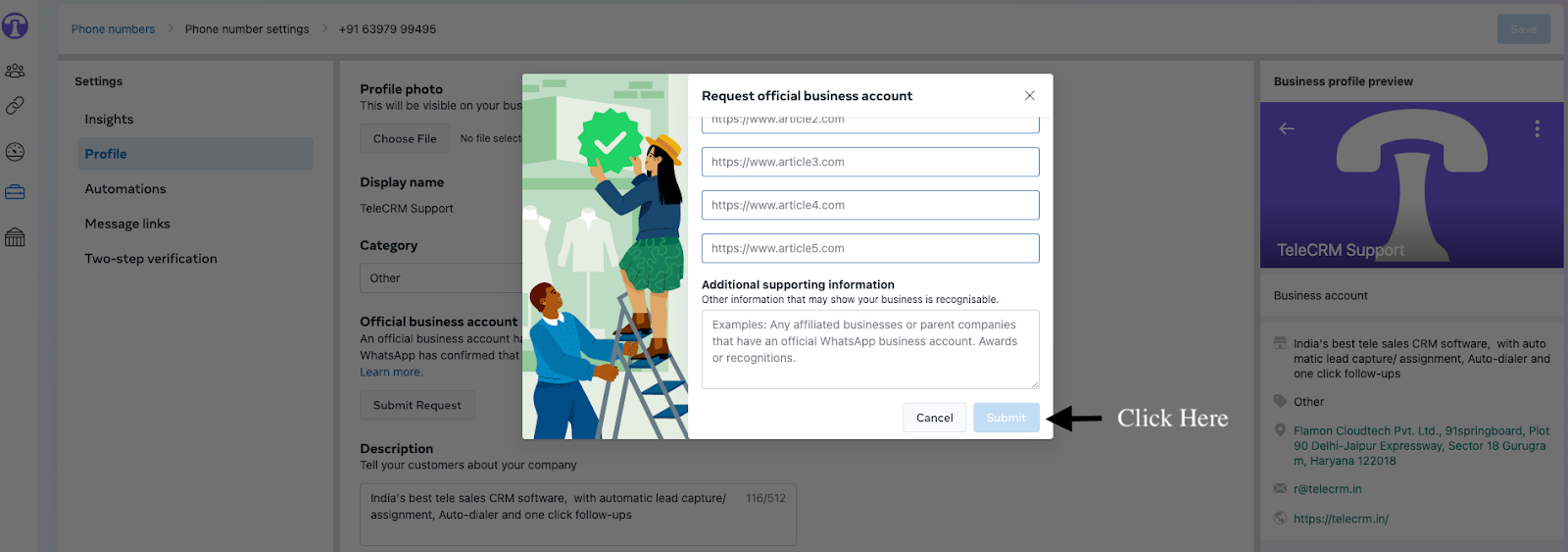 Once you have entered all the requested details. Click on the submit button to submit the form for blue tick.