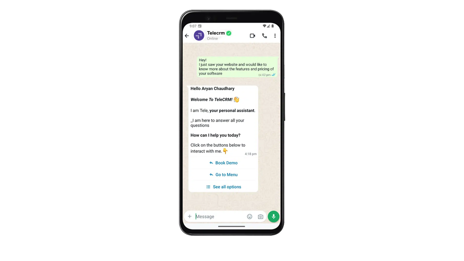 How to Handle Customer Queries & Turn Them Into Loyal Fans 4 Telecrm's WhatsApp chatbot