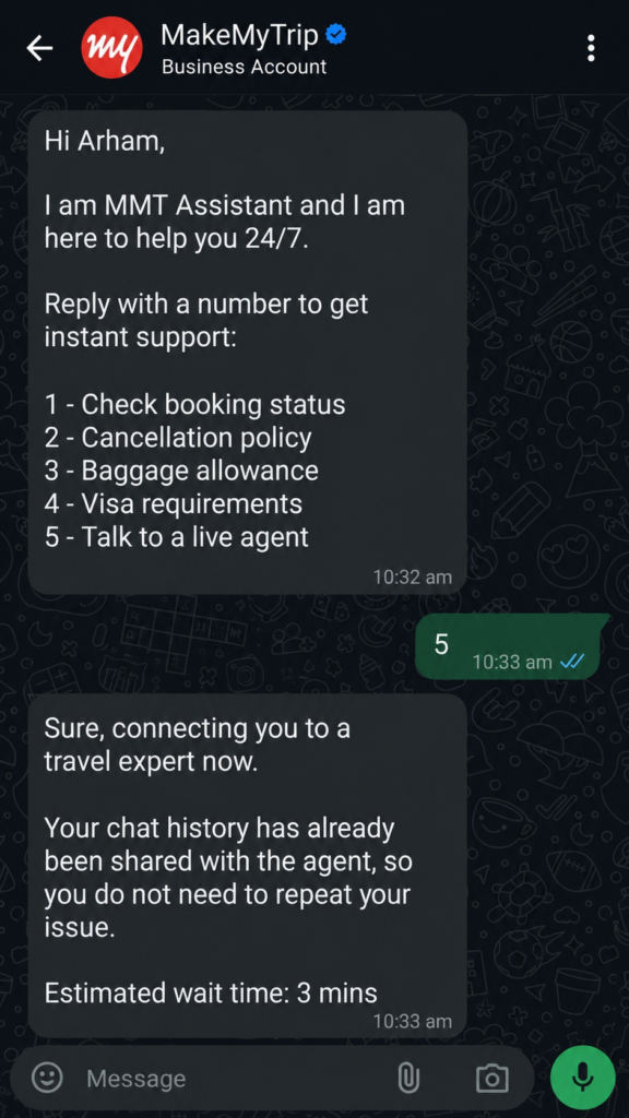 WhatsApp Business API travel: chatbot support