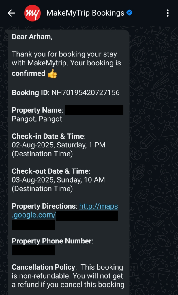 WhatsApp Business API travel: Booking Confirmation