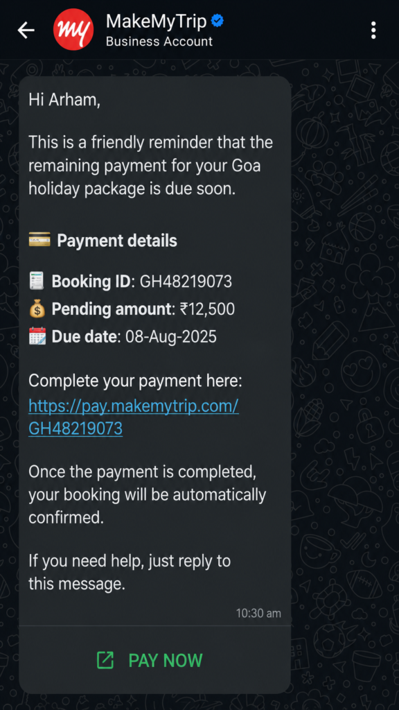 WhatsApp Business API travel: payment reminders