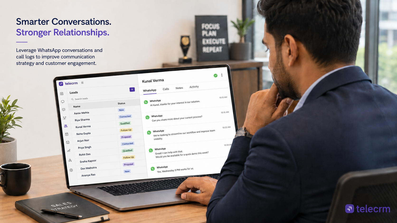 A sales manager is focused on reviewing customer conversations displayed on a laptop screen, analysing whatsapp messages and call logs to enhance communication strategies in telecrm.