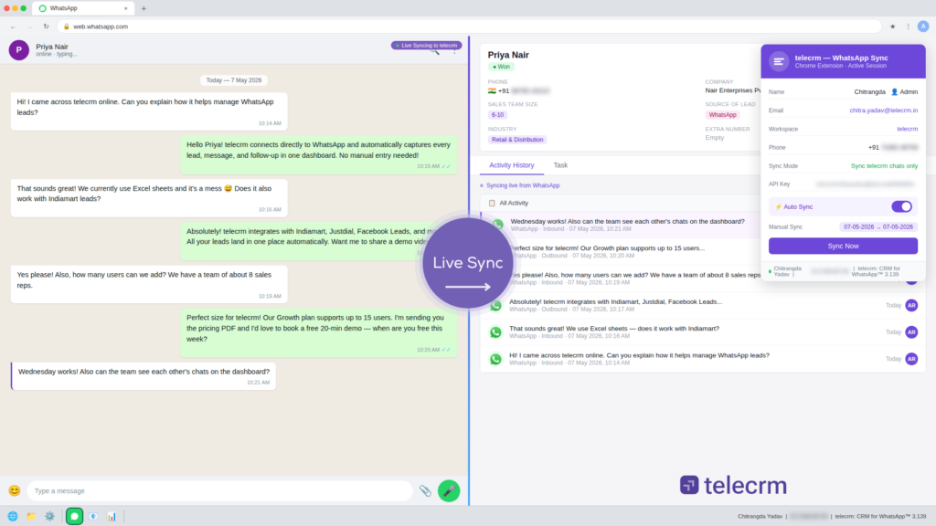 WhatsApp chat sync into telecrm lead page