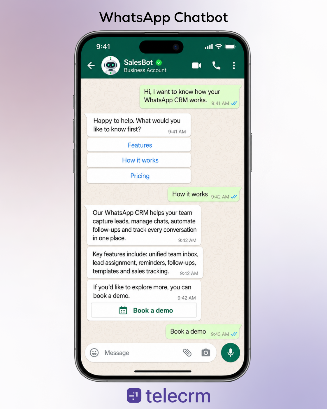 WhatsApp Chatbot vs Automation: Which One Fits Your Need? 1 WhatsApp Chatbot example - telecrm