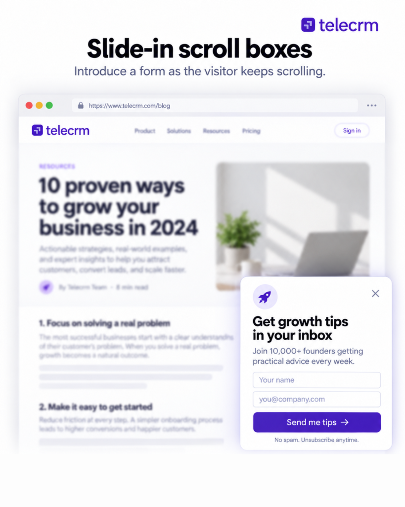 slide in scroll boxes for capturing leads